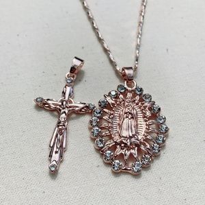 CZ Rose Gold Virgin mary and Crucifix Pendant